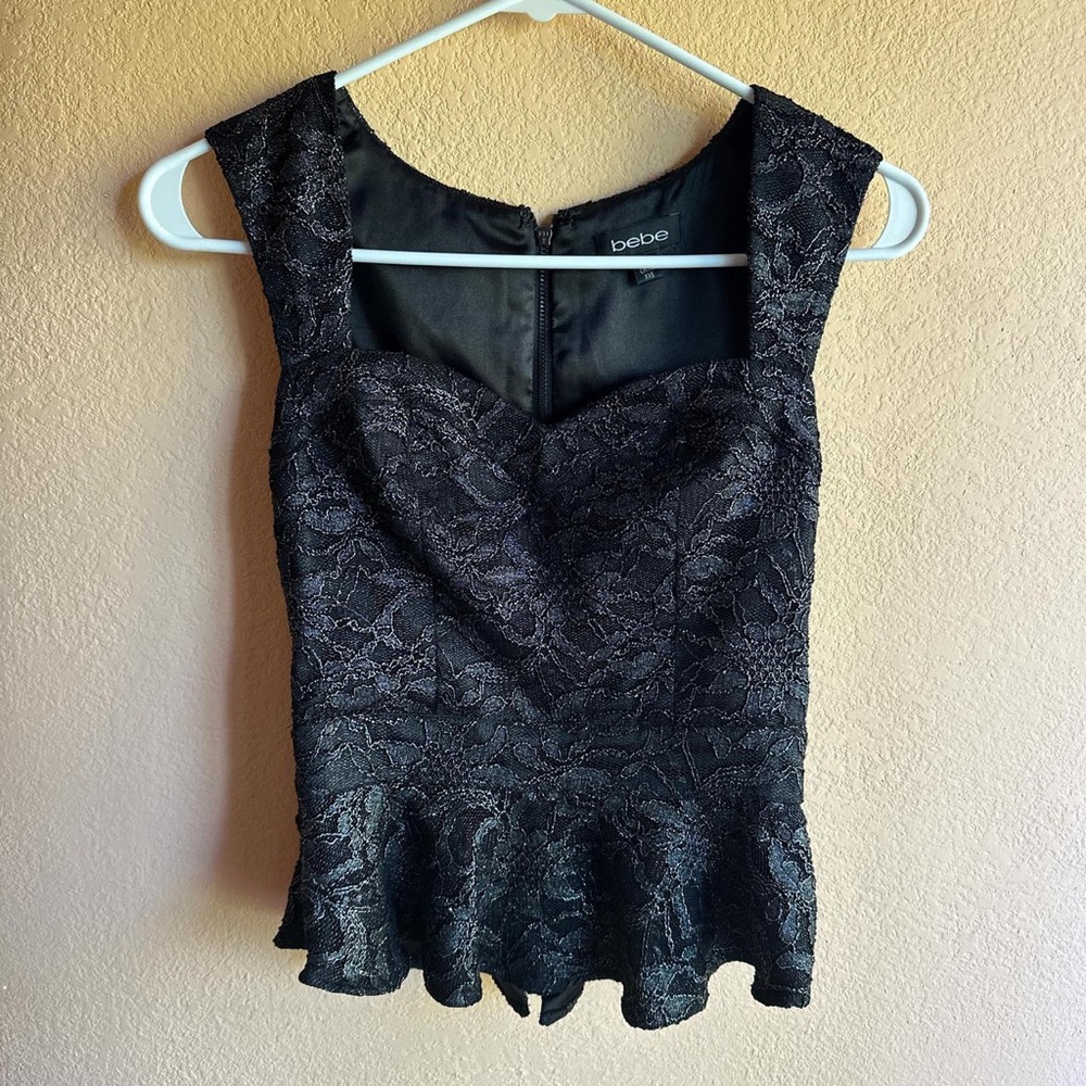 Bebe black and silver lace peplum top XXS